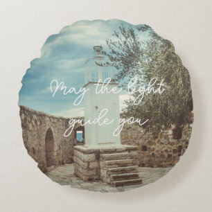 A White Lighthouse and an Olive Tree Round Cushion