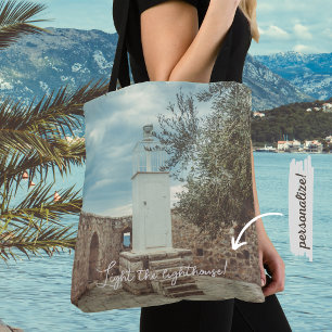 A White Lighthouse and an Olive Tree Tote Bag