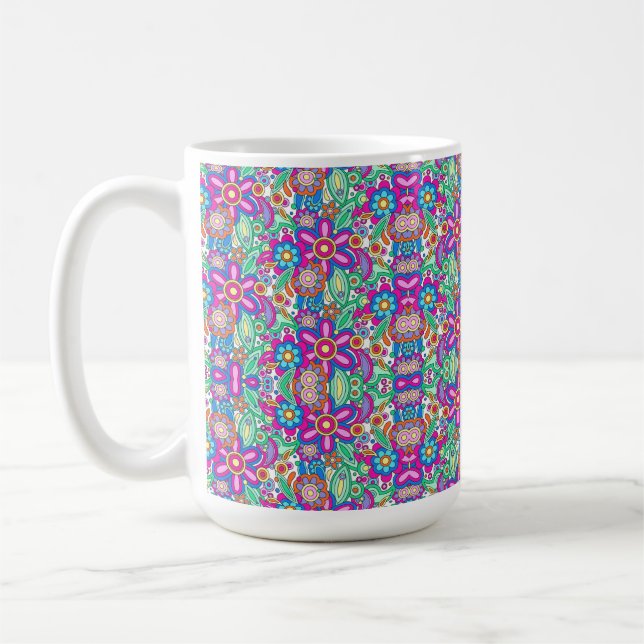 A white mug featuring a vibrant, colourful mandala (Left)
