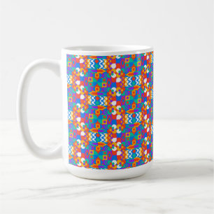 A white mug on a marble surface features a vibrant