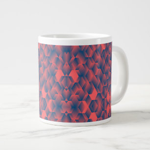 A white mug with a bold red and blue geometric 
