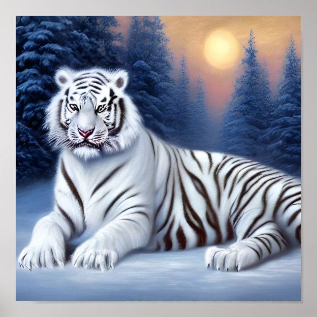 A White Tiger Sitting in the Snow Poster (Front)
