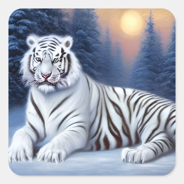 A White Tiger Sitting in the Snow  Square Sticker (Front)