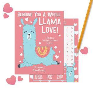 A Whole Llama Love Classroom Valentine's Day Card