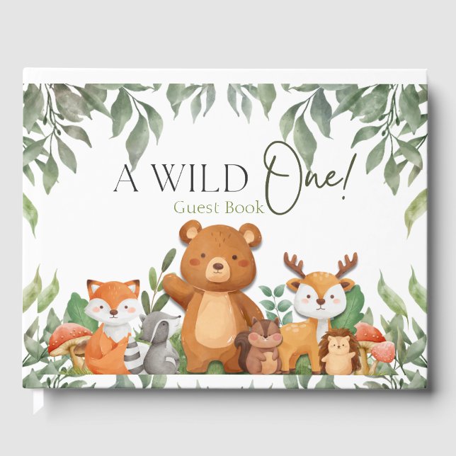 A wild ONE Greenery Woodland Animals Baby Shower Guest Book (Front)