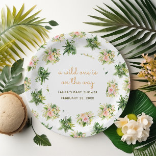 A Wild One Is On The Way Jungle Leaves Baby Shower Paper Plate