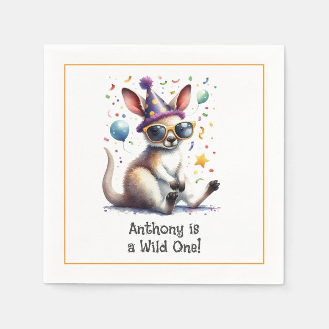 "A Wild One" Kangaroo Birthday Party Napkin (Front)