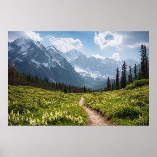 A winding path in a green meadow before a mountain poster (Front)