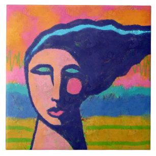A Windy Day Abstract Digital Portrait of a Woman Tile