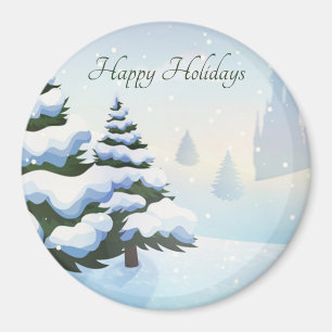 A winter day with a Christmas tree covered in snow Magnet