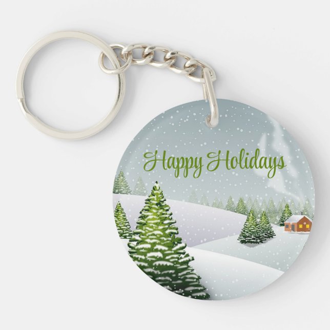 A winter day with a Christmas tree covered snow Sq Key Ring (Front)