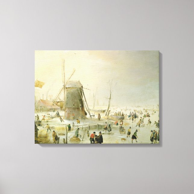 A winter scene with skaters by a windmill canvas print (Front)