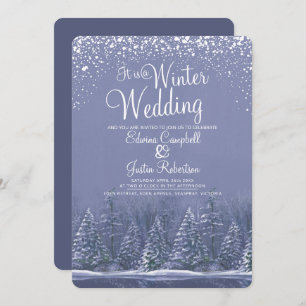A winter wedding pine trees lake blue art invitation