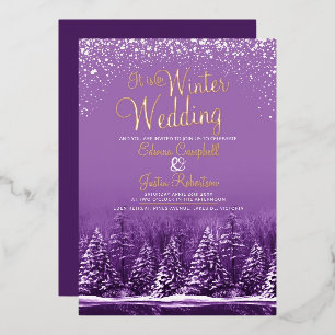 A winter wedding pine trees lake purple art