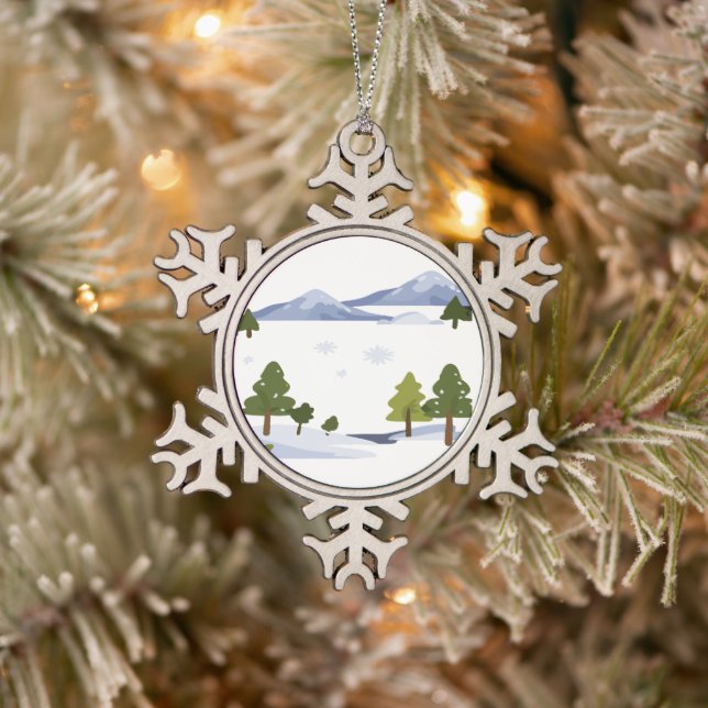 A winter wonderland scene with snow-covered trees, snowflake pewter christmas ornament (Tree)