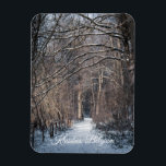 A Winters Day in Kluisbos Belgium Magnet<br><div class="desc">A snow covered Kluisbos Forest in the Flemish Ardennes, captures the quiet beauty of the winter season in Kluisbergen, Belgium. The light dusting of snow adds a delicate touch to the landscape, with trees framing the snow covered path in this picturesque winter landscape. Great souvenir of your trip to the...</div>