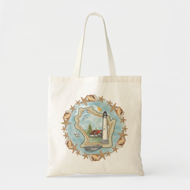 A Wisconsin Shells Lighthouse Tote Bag (Front)