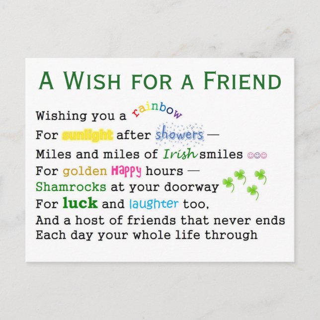 A Wish for a Friend St. Patrick's Day Postcard (Front)