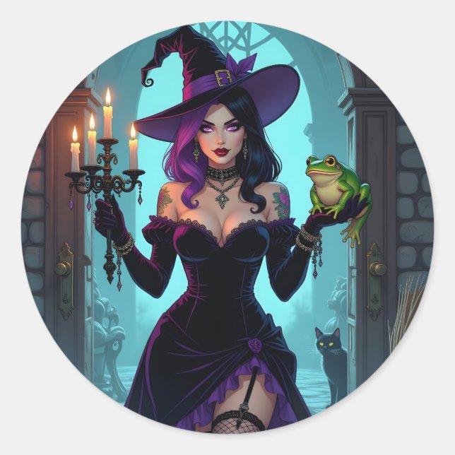 A Witch, A Candelabra nd a Frog Halloween Classic Round Sticker (Front)