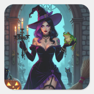 A Witch, A Candelabra nd a Frog Halloween Square Sticker