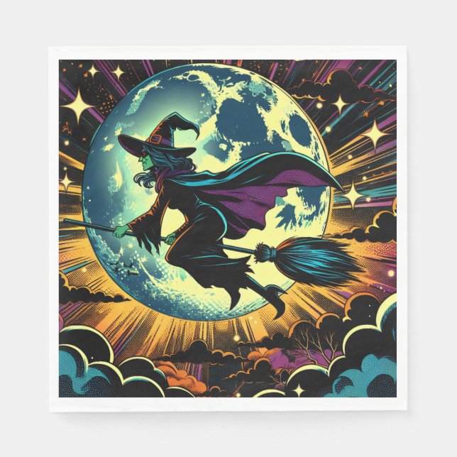 A Witch and a Full Moon Halloween Party Napkin (Front)