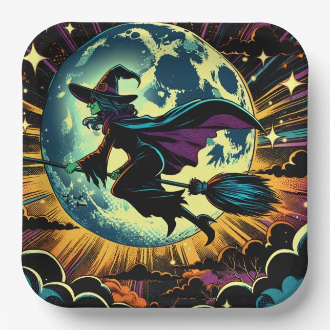 A Witch and a Full Moon Halloween Party Paper Plate (Front)