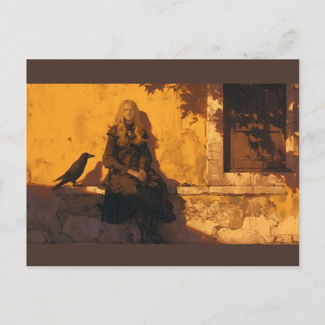 A witch and her raven familiar, postcard (Front)