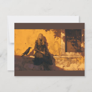 A witch and her raven familiar, postcard