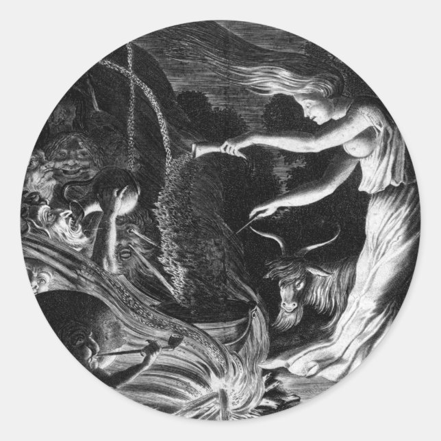 A Witch At Her Cauldron Surrounded By J Wellcome Classic Round Sticker (Front)