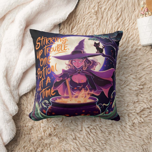 A witch brewing potions under a full moon cushion (Blanket)