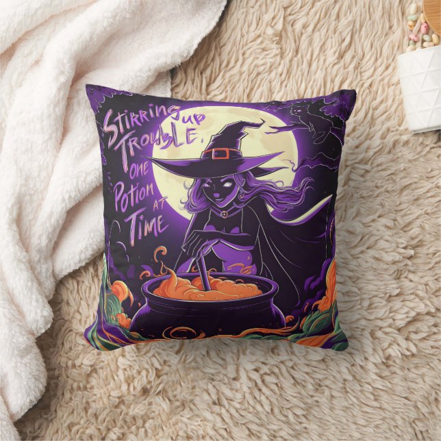 A witch brews potions under a full moon at night cushion (Blanket)