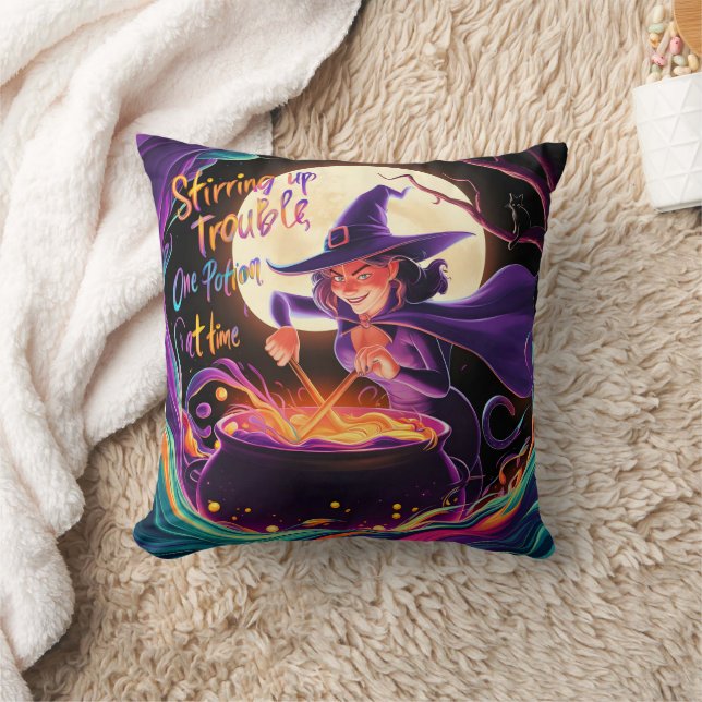 A witch brews potions under the full moon cushion (Blanket)