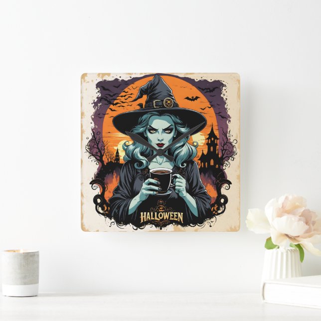 A witch brews up magic under a full moon square wall clock (Home)