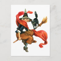 A Witch Flies on Her Broom with her Black Cat