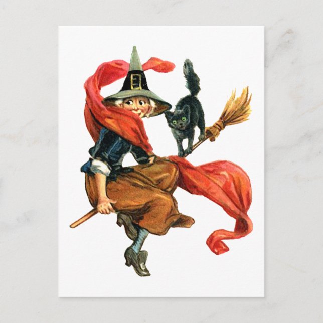 A Witch Flies on Her Broom with her Black Cat Postcard (Front)