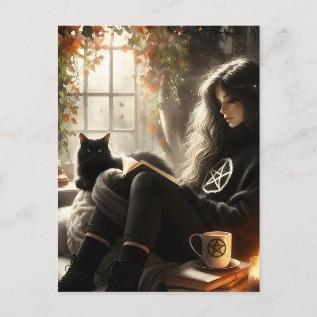 A witch reads with her black cat postcard (Front)