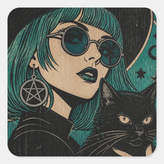 A witch with her black cat Woodblock print Square Sticker (Front)