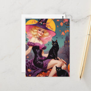 A witch with her black cats postcard