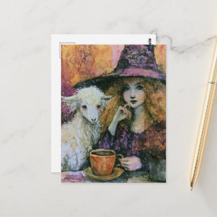 A Witch with her Goat Morning Coffee Postcard