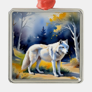 A wolf in a forest watercolor painting metal tree decoration