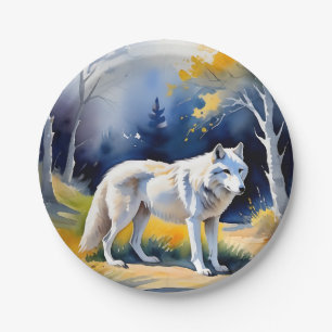 A wolf in a forest watercolor painting paper plate