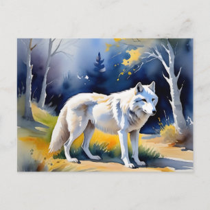 A wolf in a forest watercolor painting postcard