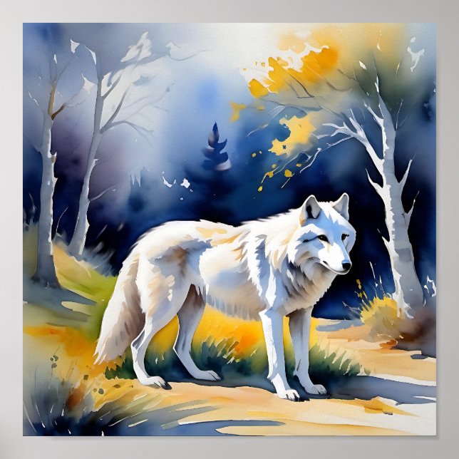 A wolf in a forest watercolor painting poster (Front)