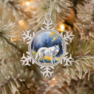 A wolf in a forest watercolor painting snowflake pewter christmas ornament