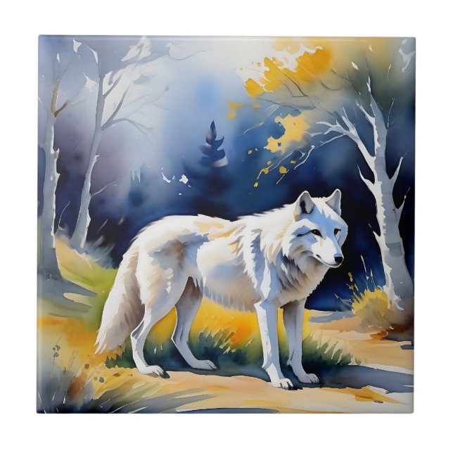 A wolf in a forest watercolor painting tile (Front)