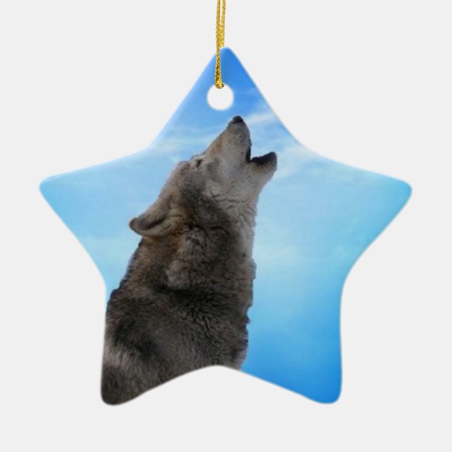 A Wolf on a star Ceramic Tree Decoration (Front)