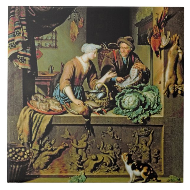 A Woman and a Fish Peddler, 1713 (oil on panel) Tile (Front)