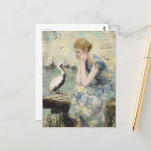 A Woman and a Pelican Mixed Media Collage Postcard