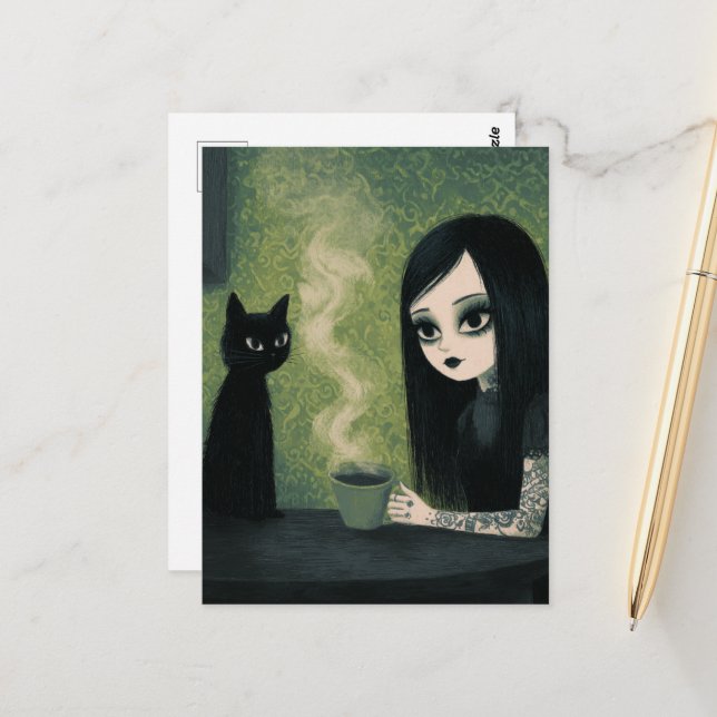 A Woman Enjoying Coffee and Her Black Cat Postcard (Front/Back In Situ)