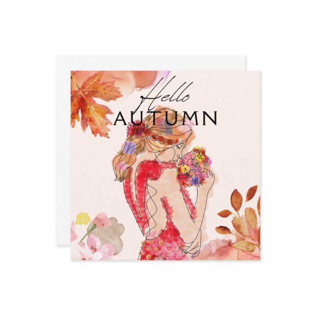 A woman holding a bouquet of fall colours invitation (Front/Back In Situ)